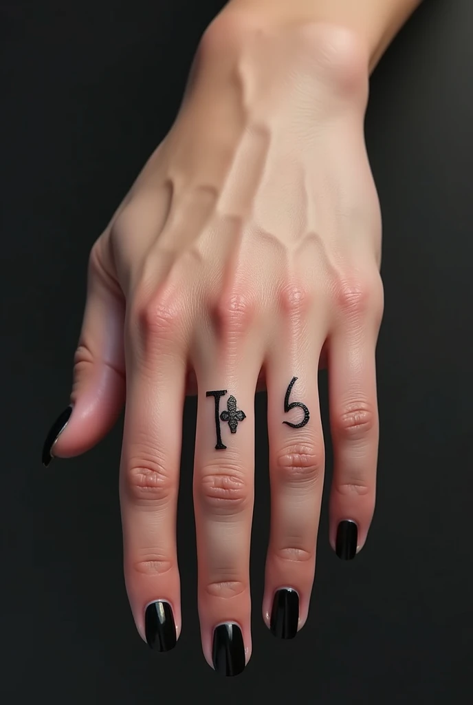 Create a minimalist tattoo of the rune Isa on the index finger of the left hand, perfect almond shaped fingernails, black nail polish, Anatomically Correct, High Details, Accurate, Masterpiece, 2d art,  illustration