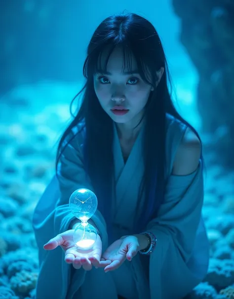 live-action,Photographically,Front View , Very blue eyes ,Blue light in the surroundings  , Long Hair ,  An hourglass shining blue in the hand  , Controlling Time,Surrounding People Stop ,  Turn Your Right Palm Here, Glowing blue eyes:1.2, live-action,Fron...