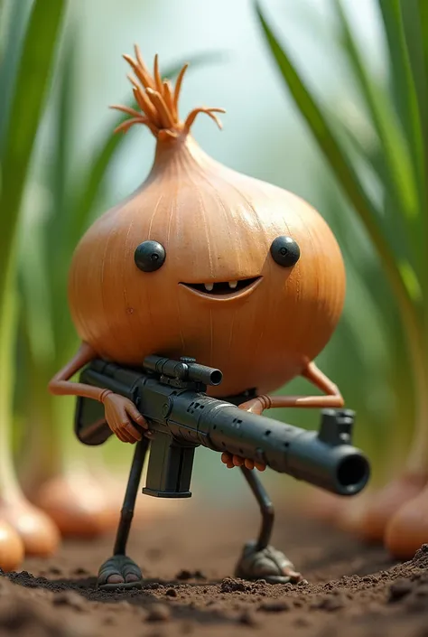  Onion with a Machine Gun :  A character with a rounded body , typical of an onion .  The arms and legs are slender ,  coming out of the base of the onion ,  and he carries a sturdy machine gun ,  ready to fire bursts of bullets . around,  there are severa...