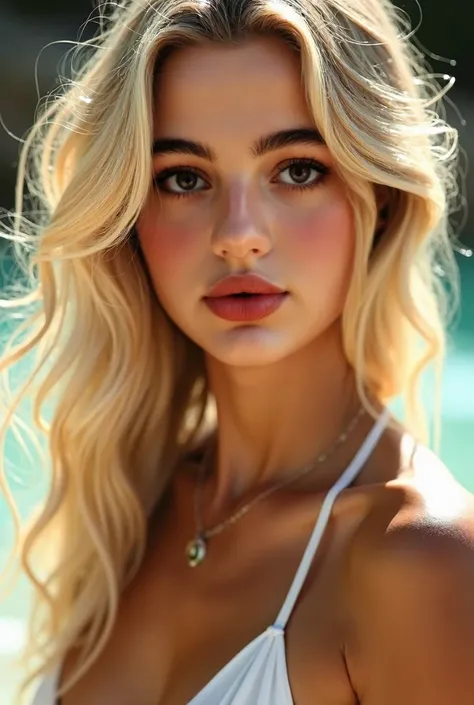 portrait, blonde model. Her golden blonde hair, radiant and sunlit. Her emerald-green eyes. Dressed in a simple yet elegant white bikini, she exudes a timeless beauty. Her hair, a cascade of golden strands, frames her face, casting a soft glow. Her express...