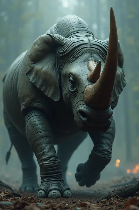 Dangerous fighting hybrid fusion ai 9:16 ratio image of rhino and elephant 