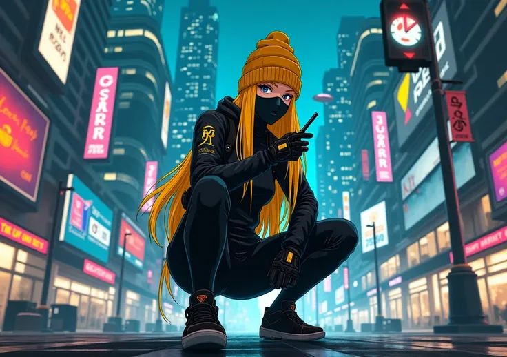 Los santos streets
Yellow long hair girl
Black mask
Yellow beanie 
Black top
Black pant
Black shoes
Walkie talkie
Crouch
Anime