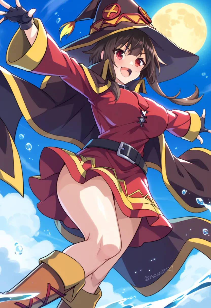 super huge big breasts breast enlargement full-body shot smile ,megumin, red eyes, brown hair, bangs, short hair with long locks...