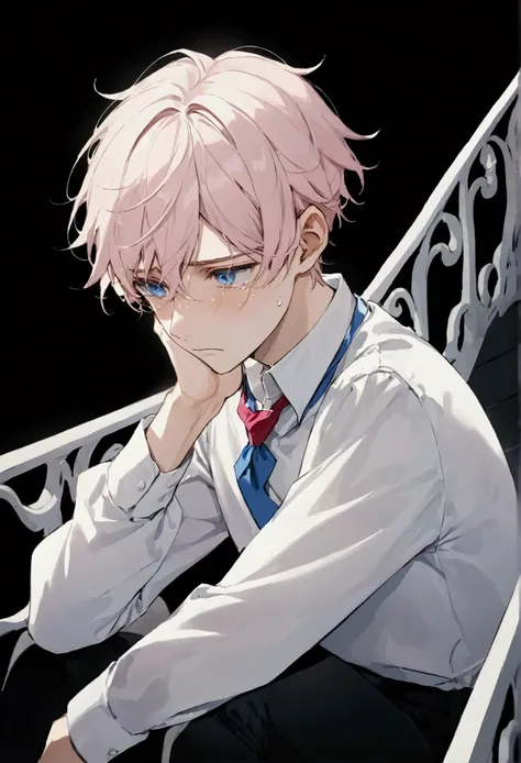 ,Young man ,Short pale pink hair, Blue Eyes  ,White shirt,  looks straight ahead ,Look sad, sad, tearful