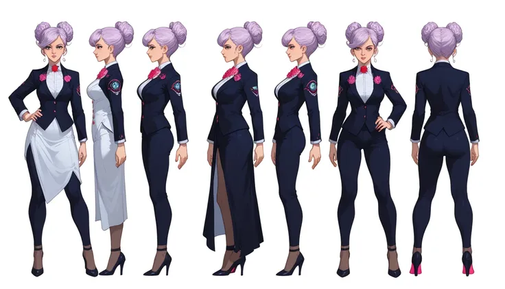 A poised, futuristic female diplomat with long, lavender hair, standing before a group of alien leaders in a grand, high-tech chamber. She wears a formal, elegant suit with glowing details and carries a holographic tablet displaying universal language tran...