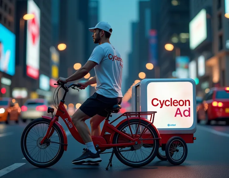 "Create a hyper-realistic image of a young, confident advertising rider standing next to a red bicycle equipped with a large, illuminated advertisement board at the rear. The setting is a busy urban street at night with blurred car lights in motion, highli...