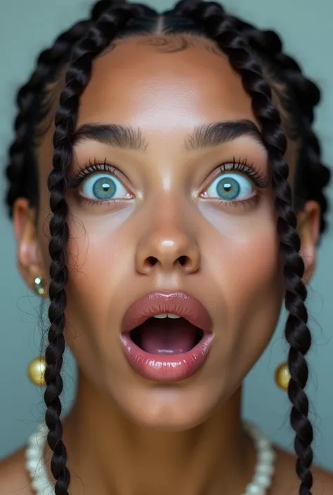  Photo of womans face with braids, eye color blue , Surprised, mouth slightly open , on a light background , lips painted 