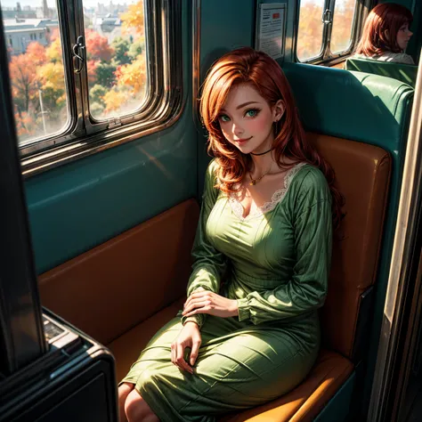  Golden autumn outside the window, redhead, green-eyed maiden, smiling, sits in a green dress by the window in the train compartment.