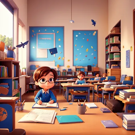 a book cover with the title "Little writers make great works  "  and the drawing of a person sitting at a classroom table,  writing while letters fly around the room, In Disney Pixar format.