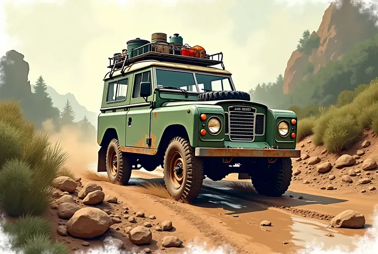 A vintage Land Rover SUV navigating a rugged off-road trail, surrounded by wild terrain with muddy tracks, rocky paths, and overgrown vegetation. The artwork blends artistic styles: a sketchy outline of the vehicle and the landscape, overlaid with vibrant ...