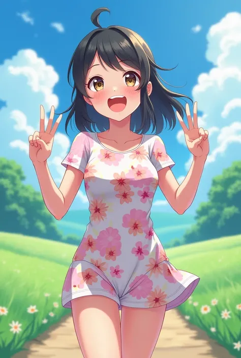  imagine an anime girl with a bright and energetic expression,  Making Peace Signs with Hands . Shes wearing summer clothes ,  floral dress and shorts and t-shirt sets, etc. ,  pastel colors that make you feel calm and fresh .  The background is a landscap...