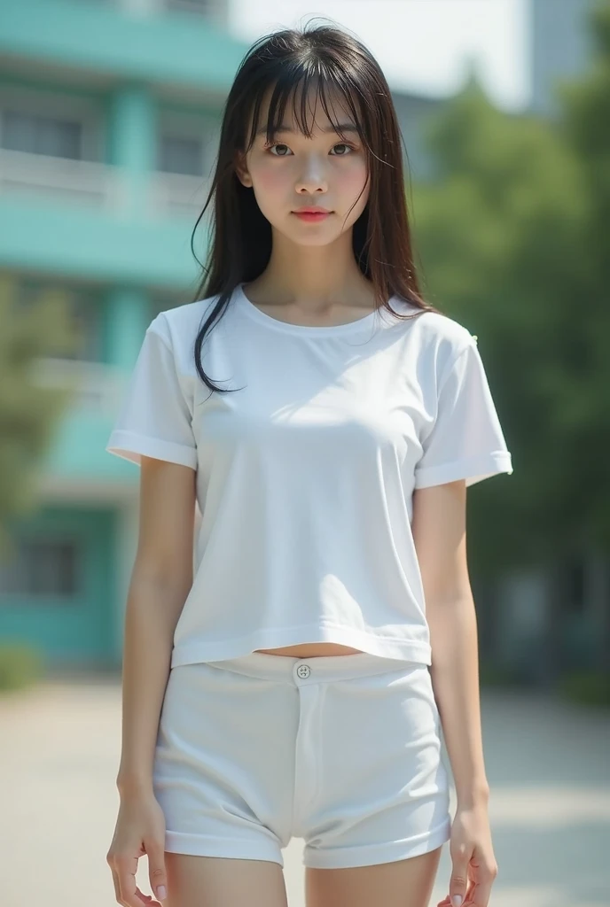 Realistic Photo Teenage girl Japanese school sports t-shirt and white short leggings school sports SMP Negeri35 Kota Bandung, outdoor, cute, (election of nipples:1.2), (cameltoe:1.2), wet body, see-through, cowboy shot