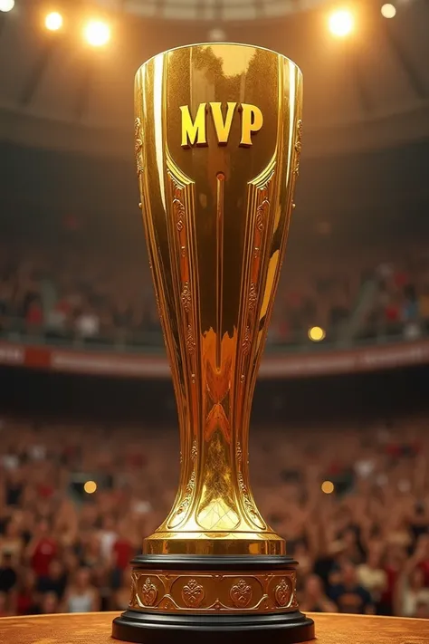 This is a long trophy. . The color of the trophy is golden, and MVP is written in the middle of the trophy