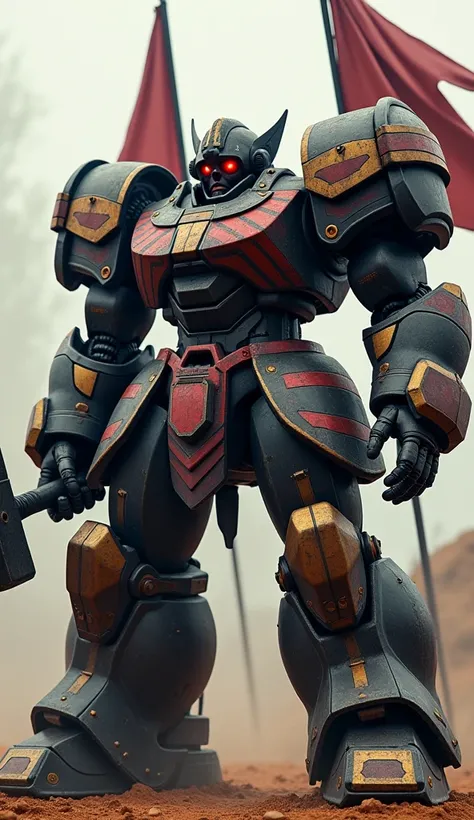 A black, red, and gold gladiator robot with a brutish, militaristic design. It has heavy-duty armor plates, glowing red eyes, and a massive hammer with the power to cause tremors. Its shoulders are adorned with flag-like stripes.