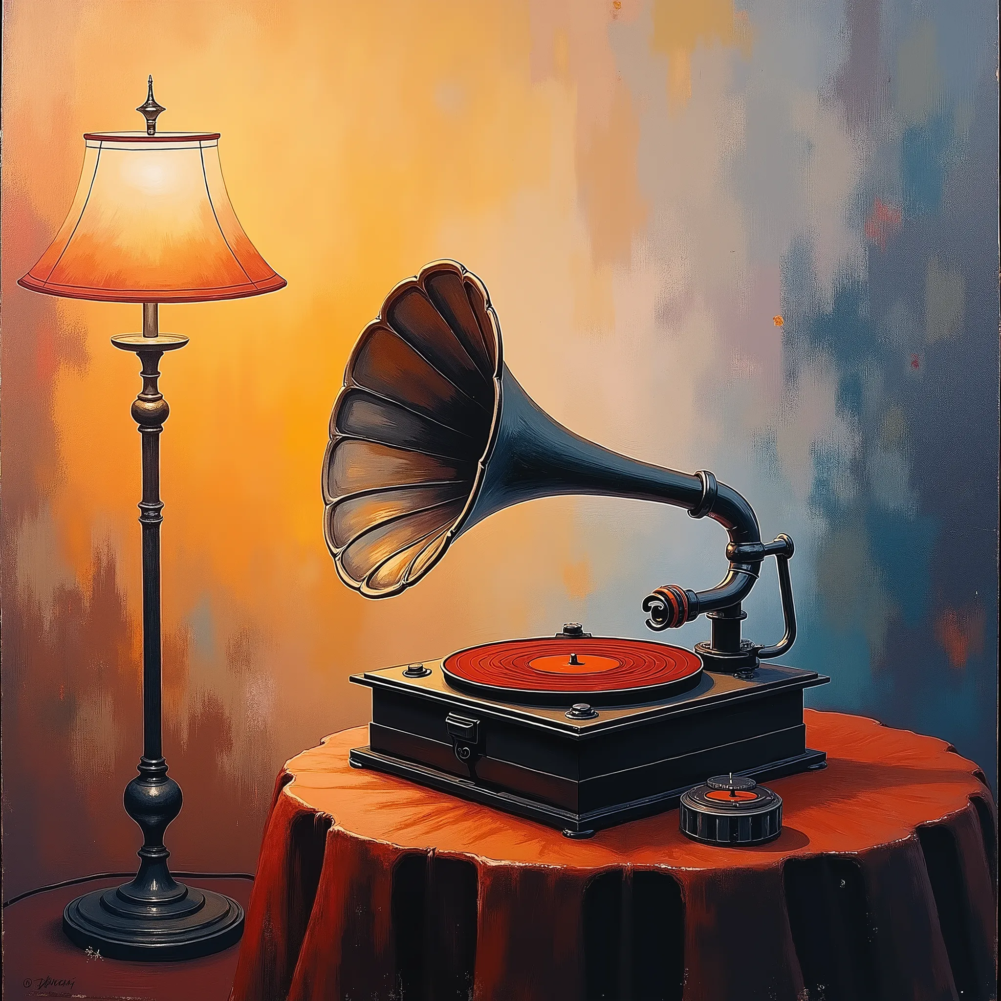 ((( painting with sputtering techniques:1.4, Fog painting ))),  colorful drawing of a gramophone 。Nostalgia、 warm shades 。