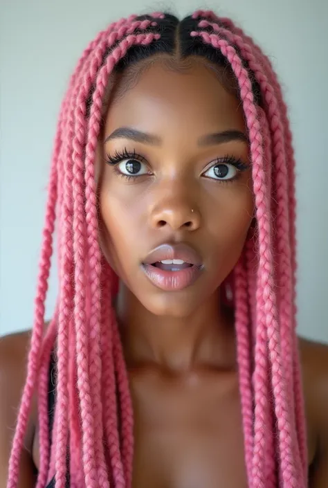 Photo of the face of a woman with braided pink dreadlocks, eye color blue , Surprised, mouth slightly open , on a light background , 