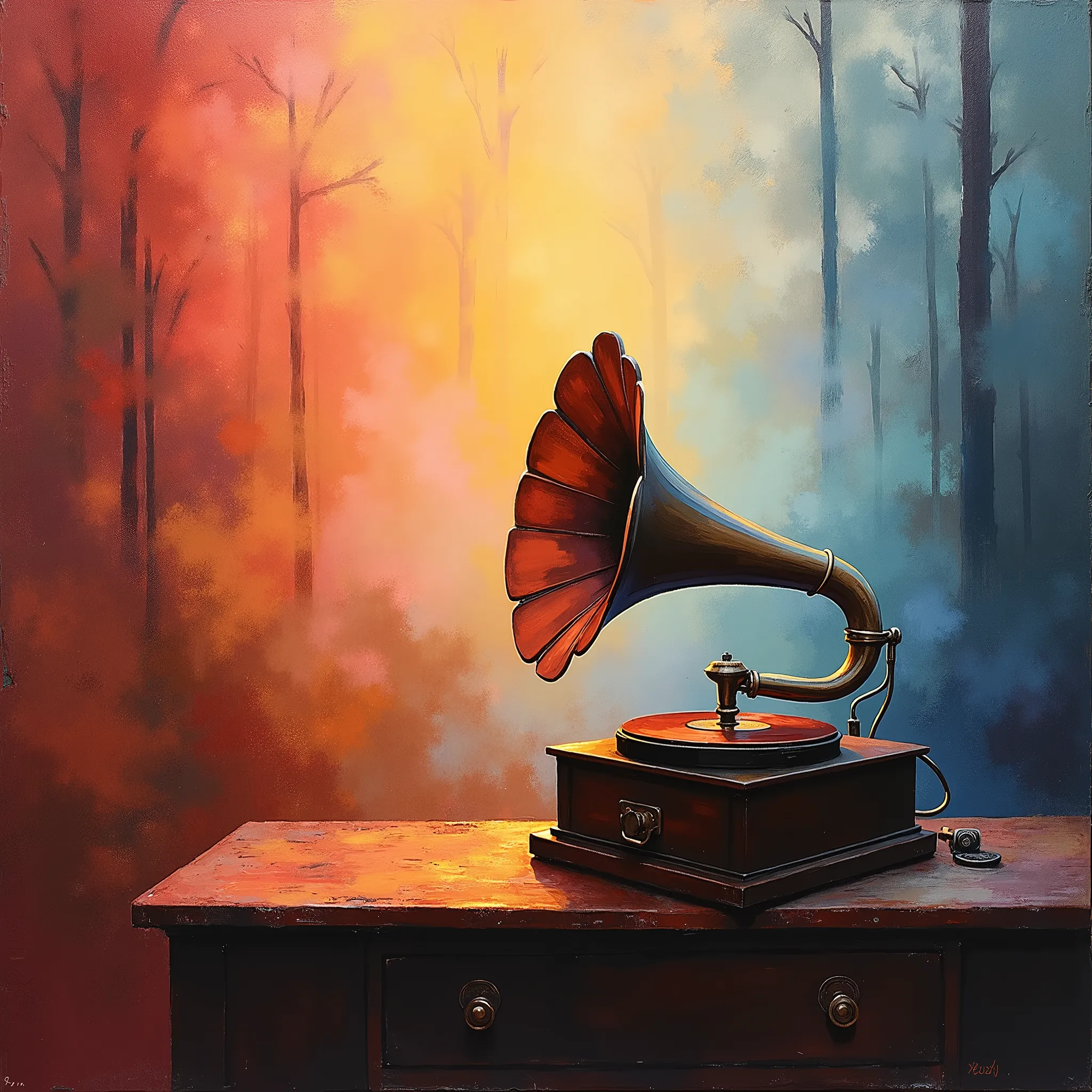 ((( painting with sputtering techniques:1.4, Fog painting ))),  colorful drawing of a gramophone 。Nostalgia、 warm shades 。