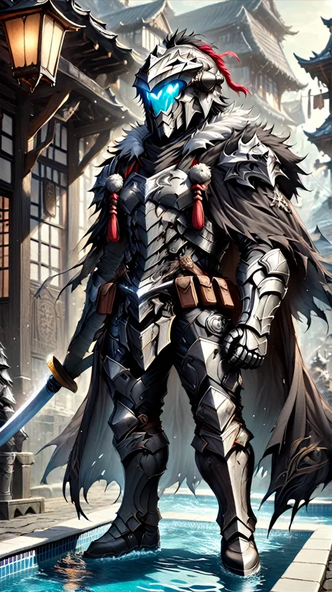 male.goblin slayer.paladin,wear heavy armor (platinum),helmet,karate,cloak,fur collar , black fur cape. background village squar...