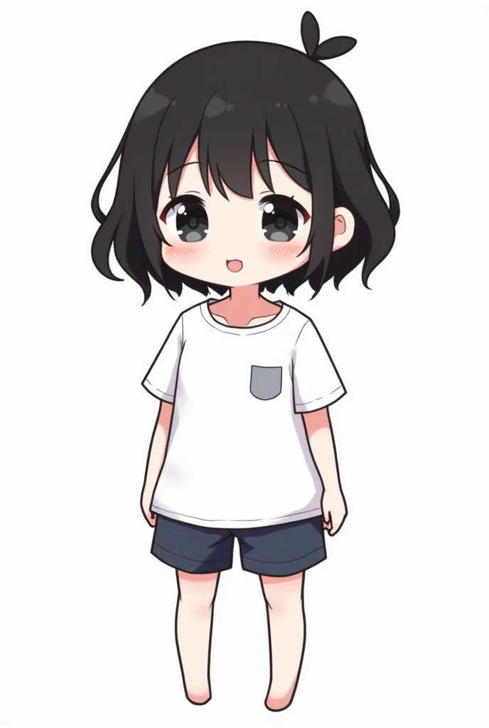 Face: Round face, light pink cheeks.
Hair: Short, slightly curly or straight hair, creating a playful feeling.
Outfit: A simple T-shirt and shorts, maybe add a small bow or some cute symbol.
Background: White to make the character stand out.
With only two ...