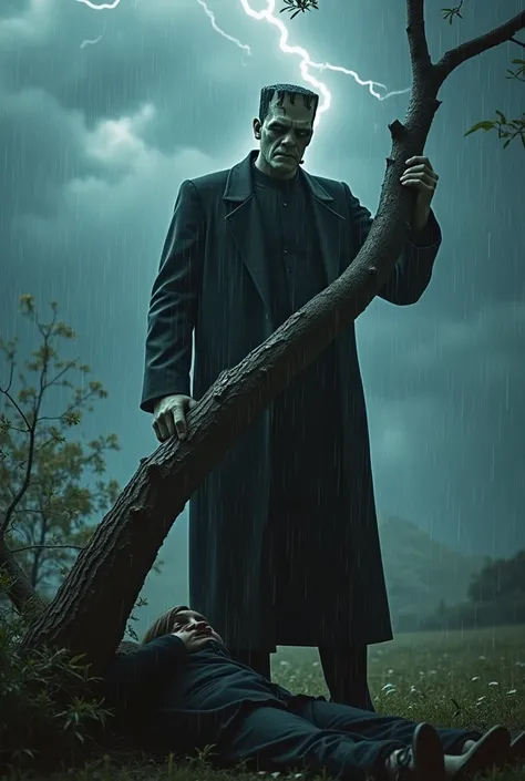   Frankenstein saves the  from a falling tree.  The tree leaned due to the thunderstorm ,  and Frankenstein holds it with one hand , shielding the  .
 give the photo horizontally , you should see a  there