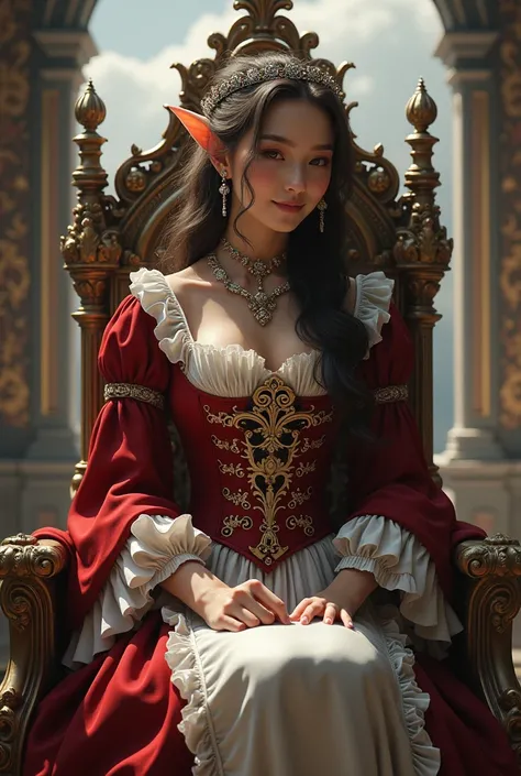 a beautiful women, (Elf Queen:1.4) sit on the throne,(neko maid clothes:1.8) , perfect face, full body, victorian era, noble dress, complicated decoration, spelling, talking, smiling, arms behind back, soft rim light, beautiful detailed sky, masterpiece, u...