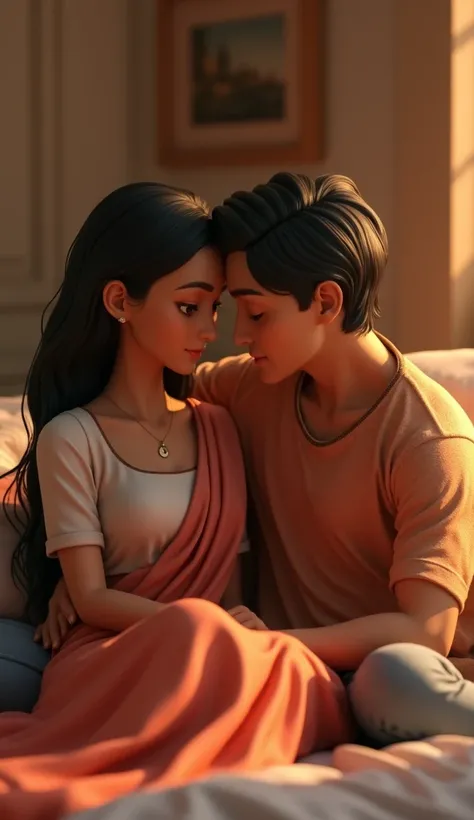 Close up a couple sitting hugging in the bedroom 3d animation, wear attractive clothes neck round blouse qnd saree,good figure,