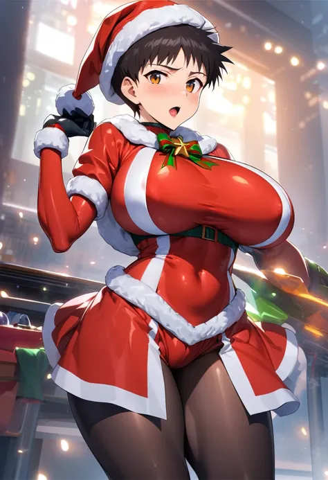 Evangelionsanta hat christmas costume, male focus, Shinji Ikari, pilot suit Super huge big breasts breast enlargement 臉紅 看著鏡頭微笑 一個人站在科幻都市 full-body shot 插图, ultra-detailed, HDR, vibrant colors, soft lighting