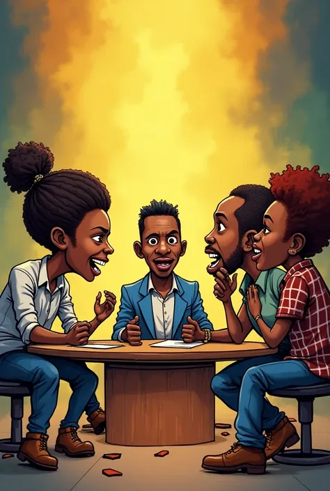 Imaginez : un jolie plateau télé avec 4 panelistes africain noir qui se bagarent étant très encolere,  le présentateur dépassé met les mains sur la tête. Utiliser une image satirique avec un style fait à la main