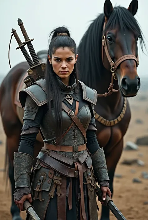 Portrait of a warrior woman stands in front of horse, Assassins Creed game, photo realistic, post apocalypt