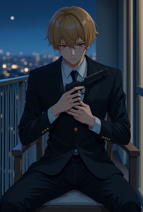  anime boy , Lloyd Poser, Golden hair, retrogress, sit, retrogress and sit, short and long ,  black suit , sit in balcony bedroom with chair, Night Time ,  holding a pistol ,  is loading a pistol with both hands,  Top Quality , 8k, masterpiece:1.3, A sharp...