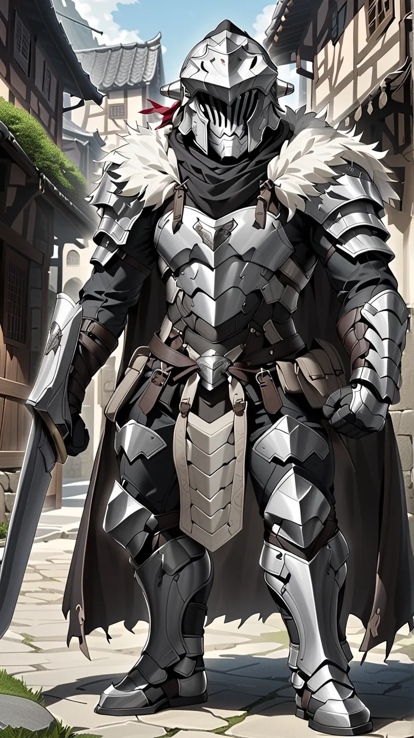 male.goblin slayer.paladin,wear heavy armor (platinum),helmet,karate,cloak,fur collar , black fur cape. background village squar...