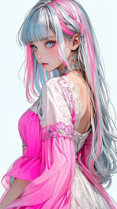   movie poster with young woman as protagonist 、(silver hair:1.3), (fluorescent pink streaked hair :1.4)、( long hair :1.2)、(light blue clear eyes 1 .3)Glare、 Her face has a fixed expression  , beautiful yellow and black lace gorgeous dress、Layering、( white...