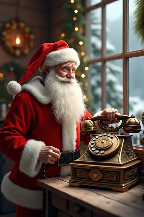 A a telephone with Santa Claus next to it 