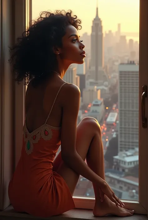 there is a woman sitting on a window sill looking out, stunning african princess, black young woman, gorgeous woman, young black woman, beautiful city black woman only, sexy girl with dark complexion, she has olive brown skin, beautiful yellow woman, gorge...