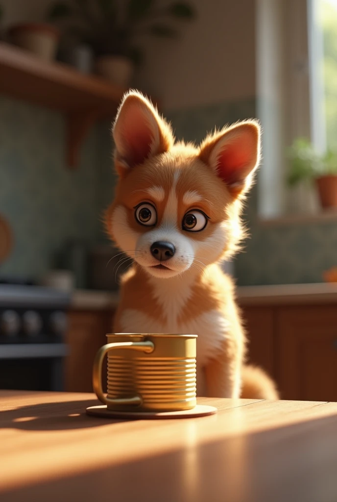 A dog looking at a can opener and thinking about food