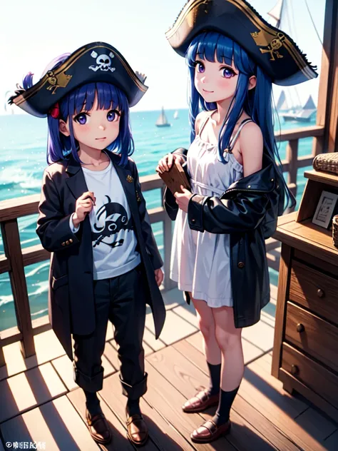 (Eye patch), One Girl, alone, (Furude Rika), Blue Hair, Purple eyes, Long Hair, blunt bangs, bangs, AnimeChibi, Holding a treasure map、Female pirate planning strategy in the cabin of the ship。The eye patch and leather outfit are distinctive.、A treasure che...