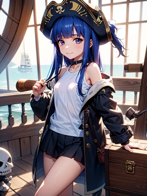 (Eye patch), One Girl, alone, (Furude Rika), Blue Hair, Purple eyes, Long Hair, blunt bangs, bangs, AnimeChibi, Holding a treasure map、Female pirate planning strategy in the cabin of the ship。The eye patch and leather outfit are distinctive.、A treasure che...