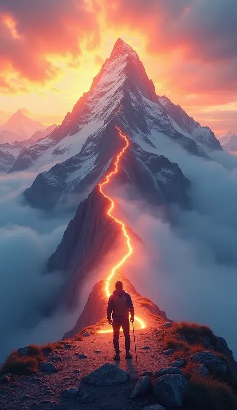 "A person standing at the bottom of a massive mountain that disappears into the clouds, looking up with determination. The scene is vibrant with a sunrise in the background symbolizing hope. The person is wearing hiking gear, and a glowing path outlines th...