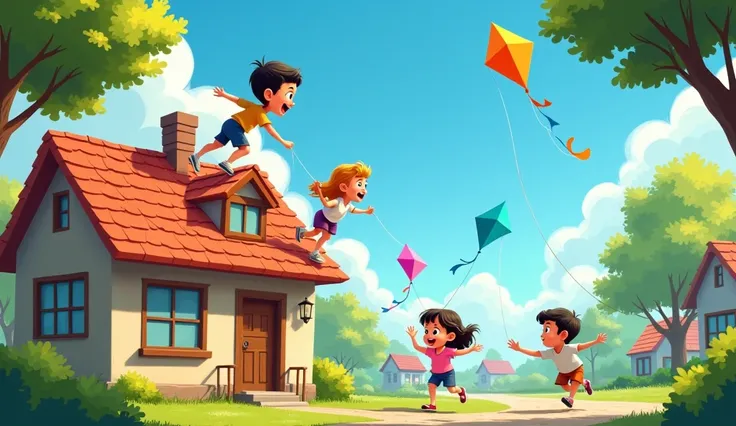 Climbing on the roof, flying kites and fighting with each other.