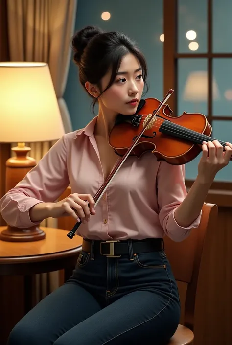 beautiful Japanese woman 40 year old,hair in an upward bun,perfect body,big breasts,wearing a liht pink shirt long sleeves,wearing a skinny dark blue jeans and black belt,sitting on the wood chair and playing the violin.teble lamp and glass window backgrou...