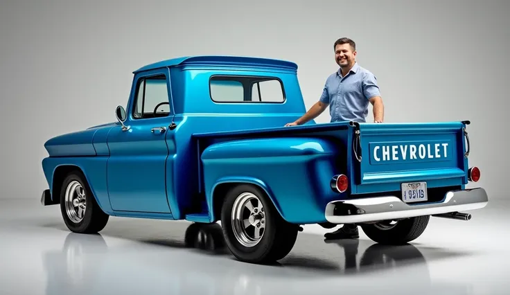 1962 Chevrolet vintage pickup truck back side view hd full attractive blue color at showroom stage stand with happy man 