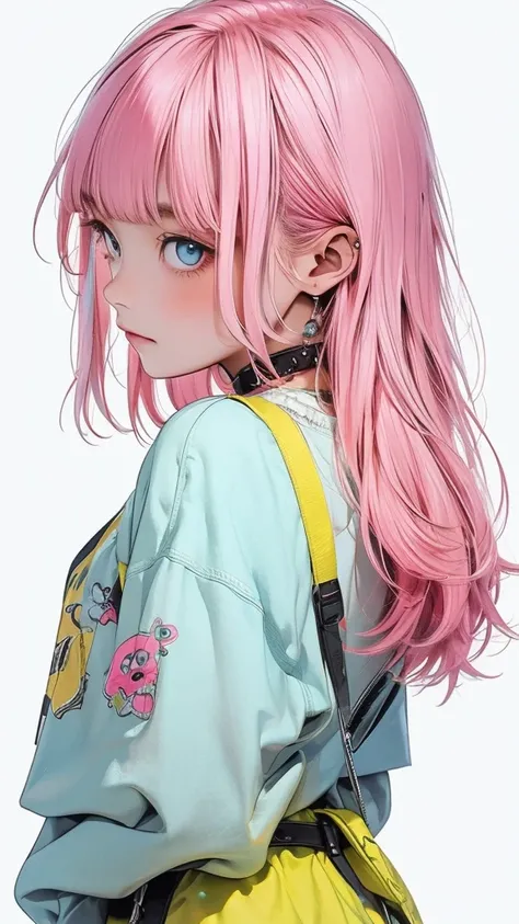   movie poster with young woman as protagonist 、(Pink hair:1.3)、( long hair :1.2)、(light blue clear eyes 1 .3)Glare、 Her face has a fixed expression  ,yellow colorと黒の美しいレースのゴージャスなドレス、Layering、( white simple background 1 .4)、Rough, With danger and tension、 ...