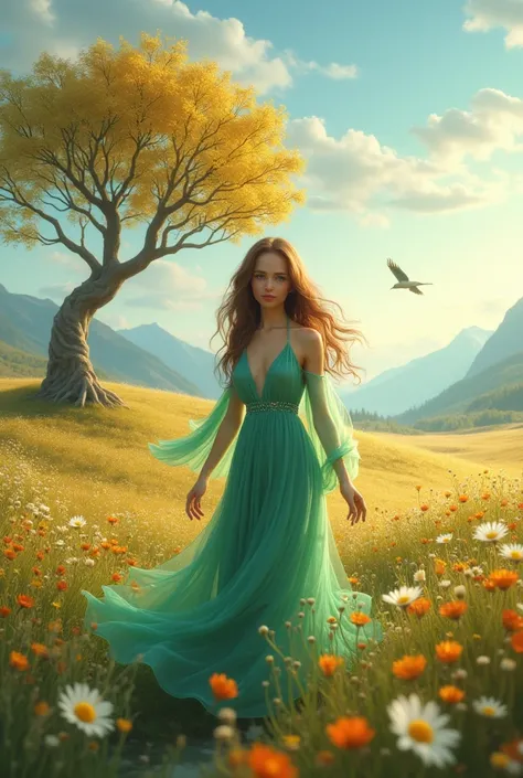  The stunning woman with expressive blue eyes and long, slightly wavy brown hair,  now it is in a vast and tranquil field ,  covered by delicately colored wildflowers .  The sky is clear ,  with soft clouds and a gentle glow of the autumn sun .  She wears ...