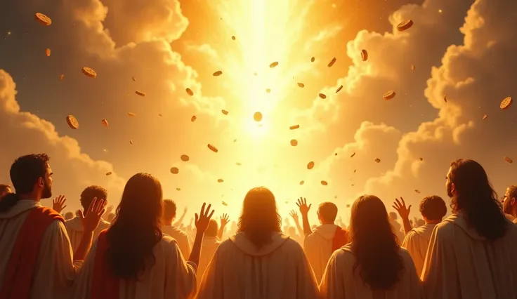 Windows of heaven open, pouring golden light and symbolic objects of blessing (such as bread, seeds, and shiny coins) upon a group of people in prayer. The expression of joy and faith in the people should be evident, showing Gods generosity in response to ...