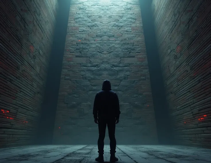 create a hyper realistic image of a hacker standing in front of a huge brick wall