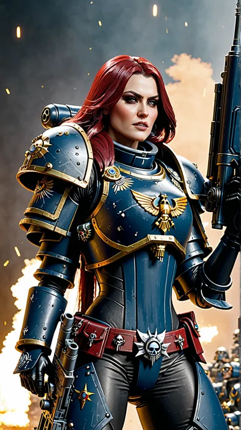 Warhammer 40k battle sister in armor large bust narrow waist wide hips in her hands holds a heavy bolter shoots cartridge flash speaker 4k uhd in action small particles 