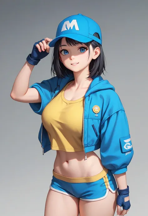 score_9, score_8_up, score_7_up, source_anime, best quality, clear face,fast skinny girl,black hair, blue eyes, medium hair, large breasts, perfect body, standing, slight smile, open yellow shirt,blue mini shorts, indoor, pose,cool,simple design,cute, thic...