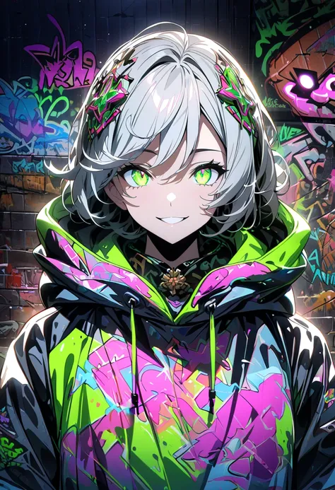 masterpiece,  best quality, 8k, detailed background, masterpiece,  best quality, smile,  ornament with yam,  HOODIE, Portraiture,  neon green, graffiti, dark, night, Shining Eyes,  Black Light,trainie 