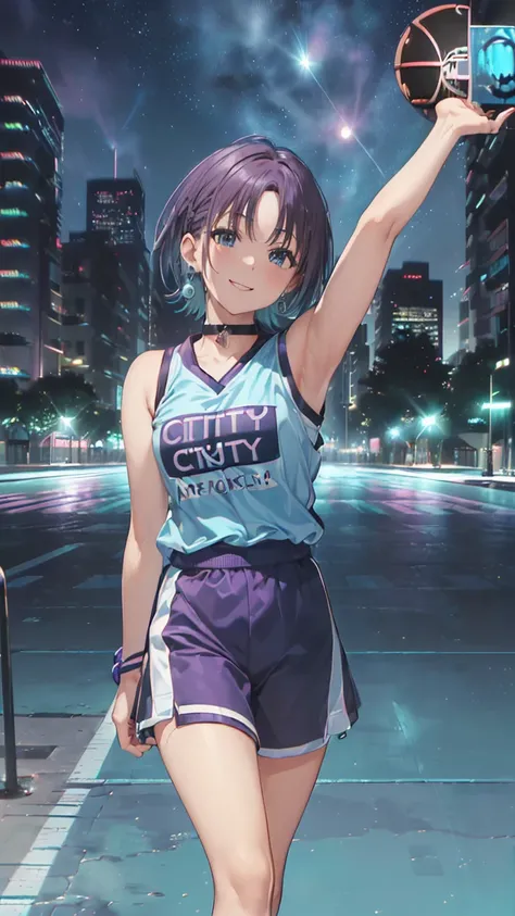 masterpiece,  best quality,  high definition ,  very detailed ,(((Toru Asakura)), ((( blue hair ))), ((( earrings for a woman alone))), ((( gradation hair ))), ((( multicolor hair))), ((( split bangs that show arms))), ((( purple hair))), ((( Basketball ))...