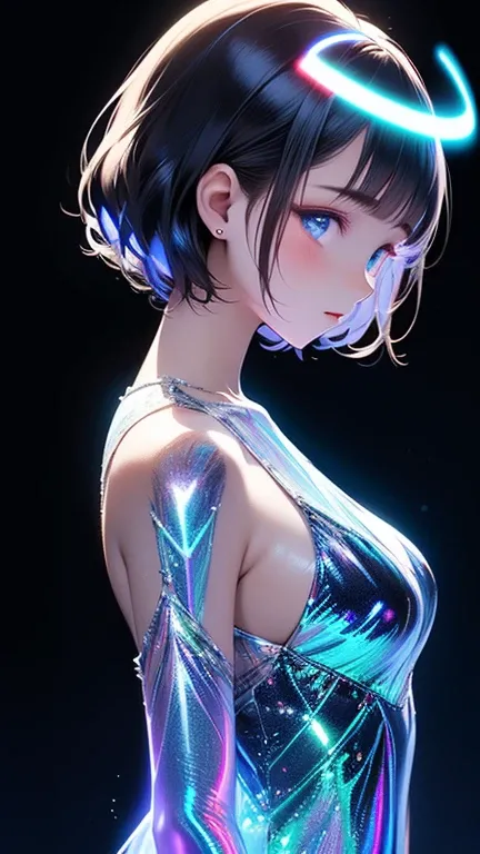 (masterpiece),( best quality:1.2),(perfect anatomy),  EXQUISITE DETAILS  ,(( 1 girl)), black hair,( Shorthair),Beautiful and delicate blue eyes ,Holographic Dress,( Holographic Halo :1.5) , wind , Dynamic , ( black background),( very detailed elegant), Sil...